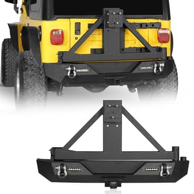 Hooke Road Wrangler Solid Steel Rear Bumper w/Tire Carrier & 2" Hitch Receiver for Jeep Wrangler TJ/YJ 1987-2006, Off-Road Back Bumper