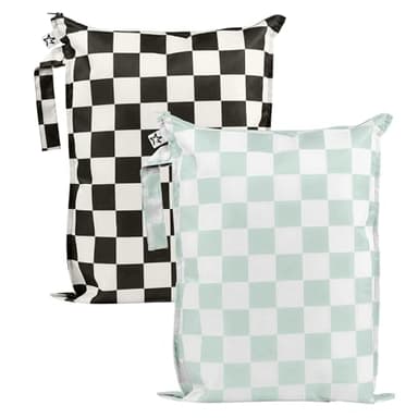 Tiny Twinkle Mess Proof Wet Bags | 2-Pack Reusable Waterproof Wet Bags for Swimsuits | Baby Clothes | Travel & Diaper Bag (Black, Green Checkers)