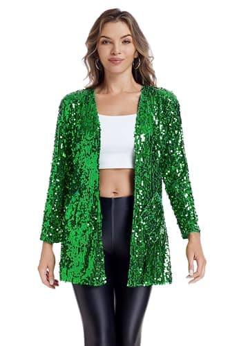 THANKPEARL Women's Sequin Jacket Long Sleeve Open Front Blazer Sparkly Party Cardigan Green,XXL
