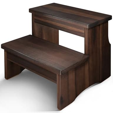 FANATU Wooden Two Step Stool, Heavy Duty 2-Step Ladder for Adults & Kids, Supports up to 450lbs for Kitchen, Bathroom or Bedside Use (Walnut Finish)