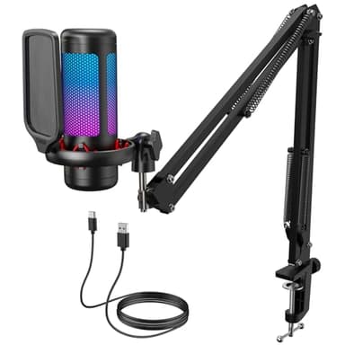 TONOR Vocal Condenser Microphone Set with Boom Arm, Recording Equipment for PC with Stand, Controllable Brightness, Quick Mute, Volume Control, USB Mic for YouTube, Twitch, Streaming, TC310+