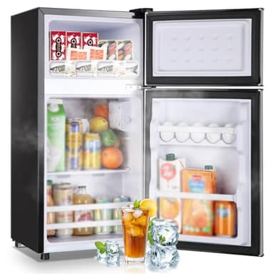 DEMULLER 2.4 Cu.ft Mini Fridge with Double Doors Silver Small Refrigerator with Separate Freezer & 7 Adjustable Temperature Control, Tiny Size & Personal Fridge Ideal for Office Apartment Dorm