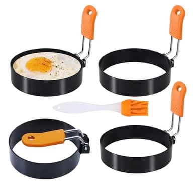 3.5" Egg Rings Set of 4 with Silicone Handle, Large Ring for Frying Eggs, Round Mold for English Muffins - Griddle Cooking Shaper for Indoor Camping Breakfast Sandwiches w/Silicone Oil Brush