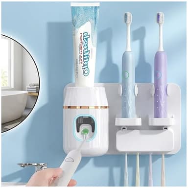 TuCao Toothpaste Dispenser Wall Mounted, Automatic Toothpaste Dispenser for Kids, Toothbrush Dispenser for Bathroom with 4 Toothbrush Slots