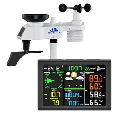 AIRAIN TECH 10-in-1 Wireless Weather Station,with Outdoor Sensor,Rain Gauge,Atomic Clock,Wind Speed/Wind Direction,Indoor Temperature and Humidity,Barometer,Weather Forecast, etc.(NO WiFi)