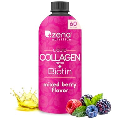 Zena Nutrition Liquid Collagen for Women & Men (Type 1 & 3) & 5000mcg Biotin, 2500mg Verisol Bioactive Collagen Peptides, Hair, Skin, Nail Supplement, Mixed Berry Colageno, 60 Servings, 20.3 fl oz
