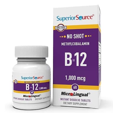 Superior Source No Shot Methylcobalamin B-12 1,000 mcg - Vitamin B-12 to Support Energy Production, Brain Health & Overall Wellness - Sublingual Tablets for Rapid Absorption - 60 Dissolving Tablets