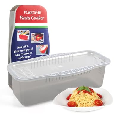 PCREGPAE Microwave Pasta Pot with Strainer Lid & Measuring Cup Clip Quickly Cook 1-4 Servings-No Mess, Sticking or Waiting For Boil, Pasta Cooker in Microwave for Dorm Kitchen Office College Essential