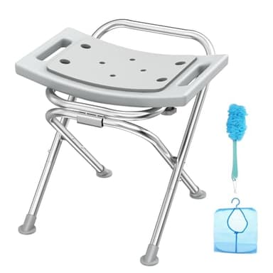 UGarden Folding Shower Chair Seat, 17.5" Stainless Steel Small Shower Chair for Inside Shower with Pad, 400lbs Portable Travel Shower Stool, Safety Anti-Slip Bath Chair for Seniors, Disabled, Gray