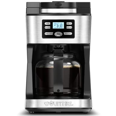 Gourmia Digital Coffee Machine 12Cup FullyAutomatic Large coffee maker integrated CoffeeGrinder,Pot,stainless steel mesh coffee filter 4Hr KeepWarm and Freshness Indicator GCM3180,Black and Silver