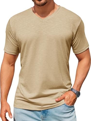 Runcati Mens T-Shirts Short Sleeve V Neck Casual Classic Shirt Summer Stretchy Regular Fit Lightweight Tees Khaki