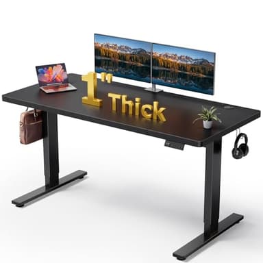 DeskShow Electric Standing Desk Adjustable - 60x28 Inch Sit Stand Desk with 1 Inch Thick Tabletop, Double Beam Frame, 3 Memory Height Adjustment, Cable Management for Home Office