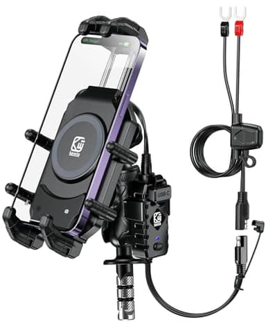 BRCOVAN Motorcycle Fork Stem Phone Mount with Qi 15W Wireless Charger & 36W PD/USB-C Fast Charging Port, Anti-Theft Motorcycle Phone Holder with Vibration Dampener for 5.4''-7.2'' Cellphones