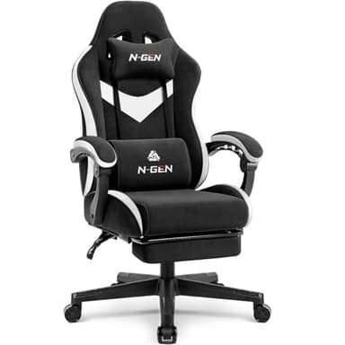 N-GEN GAMING Video Gaming Chair with Footrest Lumbar Support for Home Office High Back Recliner Height Adjustable Ergonomic Comfy Fabric Computer Desk Chair (Black)