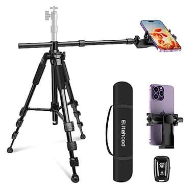 Elitehood Ultra-Stable Overhead Tripod for iPhone – Heavy Duty Aluminum iPhone Tripod Stand, 360°Adjustable & 25in Horizontal Long Phone Arm, Tall Phone Holder Stand Mount for Recording