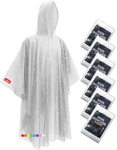 Disposable Rain Ponchos - Extra Long Waterproof Emergency Poncho with Hood for Adults, Bulk Family 6 Pack Raincoat for Park, Concerts, Hiking, Camping Essentials, Home Emergency Survival Kits, Clear