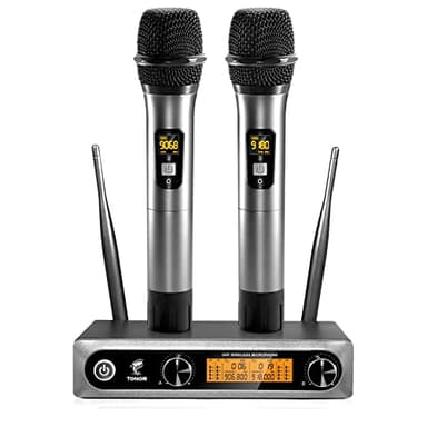 TONOR Wireless Microphones System, 2 * 15 Channel Metal Professional UHF Cordless Dynamic Handheld Mics with Receiver for Home Karaoke, Meeting, Party, Church, Wedding, KTV, 60 m/200ft, TW-820 Silver