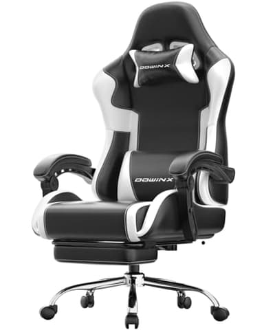 Dowinx Ergonomic Gaming Chair with Footrest, Heavy Duty 330lbs Office Chair, Massage Lumbar Support, Adjustable Height & Headrest Pillow, Comfortable for Back Pain Relief Streaming Long Gaming White