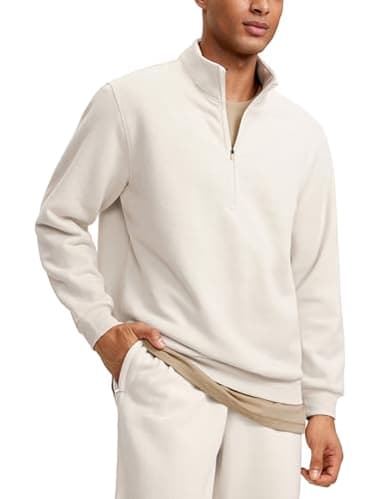 CRZ YOGA Fleece Lined Half Zip Sweatshirts for Men Mock Neck Pullover Sweat Shirts Casual Workout Daily Sweaters White Apricot Medium