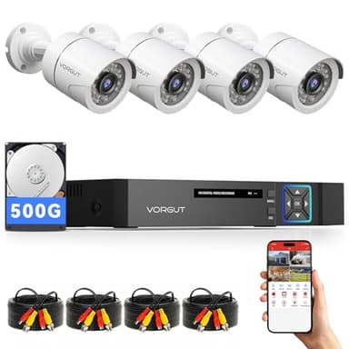VORGUT Wired Security Camera System Outdoor with 4pcs 1080P Waterproof Security Camera, 4CH AHD DVR with 500G HDD Indoor/Outdoor Surveillance DVR Kit, IR Night Vision, Motion Detection, 24/7 Record