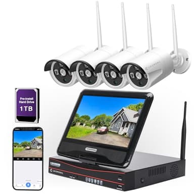 Cromorc 10CH Expandable Wireless Security Camera System with 10.1" Monitor 4pcs 5MP Indoor Outdoor Camera 1-Way Audio Night Vision Motion Detection Home Business CCTV Surveillance 1TB HDD