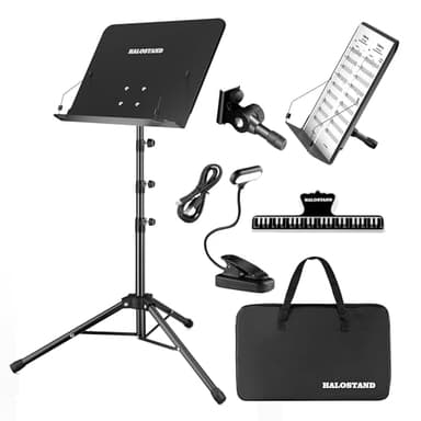 5 in 1 Dual-use Sheet Music Stand & Desktop Book Stand, Height Adjustable from 23.6-59 in, Folding Music Stand with Portable Carrying Bag, Sheet Music Folder & Rechargeable Music Stand Light
