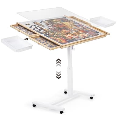 ropoda 1500 PCS Jigsaw Puzzle Table with Drawers and Single-Pedestal,35"x 26.8" Angle & Height Adjustable Wooden Puzzle Borad with 6 Drawers &Cover& 4 Roller Wheels