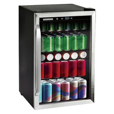 Frigidaire Beverage Refrigerator, Fridge with Glass Door, Compact Mini Fridge with Digital Temperature Control, Fits 115 Cans or 34 Bottles, 96L Capacity - 19.1" D x 17.5" W x 31.2" H