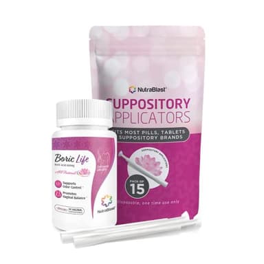 NutraBlast Boric Acid Suppositories 600mg Bundle with Applicator, 30 Suppositories & 15 Applicators - Feminine Care - Made in USA