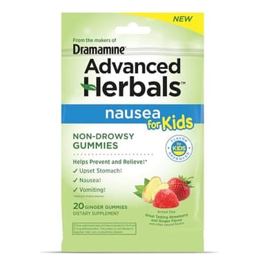 from The Makers of Dramamine, Advanced Herbals Kids Gummies, for Nausea Relief & Motion Sickness During Travel, Strawberry & Ginger Flavor, 20 Count