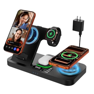 Dual Phone Magnetic Wireless Charging Station for Apple Devices/Apple Ecosystem,with Auto-Switch 7-Color Light & Clock, Compatible with iPhone 17/16/15, for iWatch 11/10/9 & AirPods Pro3（Black