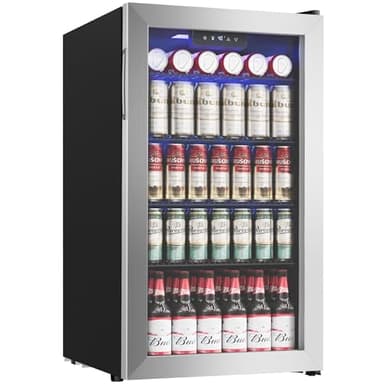 Icyglee Beverage Refrigerator Cooler - 126 Can Mini Fridge with Glass Door for Soda Beer or Wine, Beverage Cooler for Home, Office, Bar with Adjustable Removable Shelves, Silver