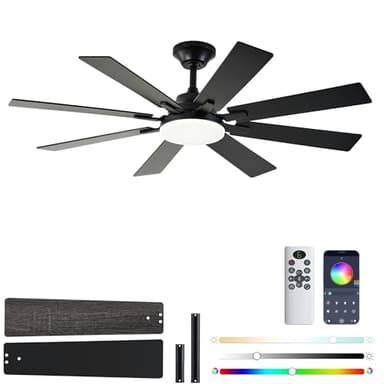 LSPMKE Ceiling Fans with Lights, 52 Inch Ceiling Fan with Light and Remote Control, Reversible DC Motor, 3CCT, Dimmable, Timer, Noiseless, Black Ceiling Fan for Bedroom Living Room, Indoor/Outdoor Use