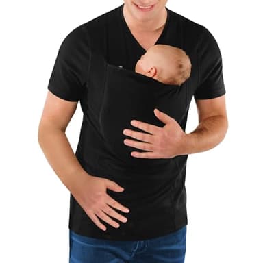 Mens Baby Carrier Shirt V Neck Short Sleeve T-Shirts for Men Skin to Skin T-Shirt with Pocket Black XL