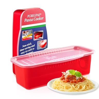 PCREGPAE Microwave Pasta Pot with Strainer Lid & Measuring Cup Clip Quickly Cook 1-4 Servings-No Mess, Sticking or Waiting For Boil, Pasta Cooker in Microwave for Dorm Kitchen Office College Essential