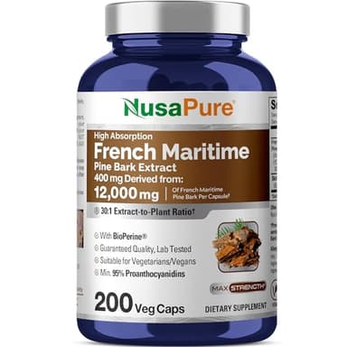 NusaPure French Maritime Pine Bark 30:1 Extract, 400 mg Equivalent to 12,000 mg Per Veggie Caps 200-Day Supply, Bioperine (Non-GMO & Vegan)