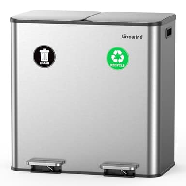 Lovewind Trash Can, 2 x 10.5 Gallon (2 x 40 L) Garbage Can for Kitchen Dual Compartment Recycling Kitchen Step Trash Bin, Stainless Steel Trash and Recycle Bin Combo with Soft-Close Lid, Silver