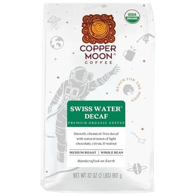 Copper Moon Whole Bean Coffee, Medium Roast, Swiss Water Organic Decaffeinated Blend, 2 Lb