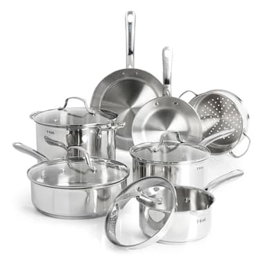 T-fal Stainless Steel Cookware Set 11 Piece, Induction, Oven Broiler Safe 500F, Kitchen Cooking Set w/Fry Pans, Saucepans, Saute Pan, Dutch Oven, Steamer, Pots and Pans, Dishwasher Safe, Silver