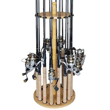 Rush Creek Creations Round 16 Fishing Rod Storage Rack - Features Traditional Handcrafted Wood Post - No Tool Assembly, Wood Grain Laminate