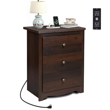 WLIVE Tall Nightstand with Charging Station, Wood Night Stand with 3 Drawers Storage, Bedside Table End Side Tables with 2 USB Ports and Outlets for Bedroom, Closet, Espresso