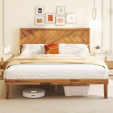 Giantex Wood Queen Bed Frame with Headboard, Solid Acacia Wood Platform Bed with 12 Strong Wooden Slat Support, Scandinavian Style Art Deco Queen Bed Frame, No Box Spring Needed, Rustic Brown
