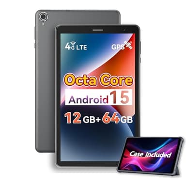 Topsand 8 Inch Android 15 Tablet with Sim Card Slot Uncloked Cellular Tablet Phone with 4G LTE Octa Core 12GB RAM 64GB ROM 2TB TF Expandable Tableta with Case