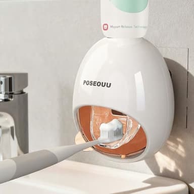 POSEOUU Toothpaste Dispenser Wall Mounted for Bathroom Automatic Toothpaste Squeezer for Kids and Adult with Custom Cleaning Brush & 2 Heavy-Duty Adhesive Pads (Rouge Powder)