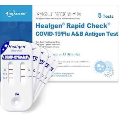 Healgen Rapid Check COVID-19, Flu A&B Antigen Test Kit,24 Months Shelf Life, 3-in-1 Flu & COVID Home Testing Solution, Easy to Read Dual Windows, Results in 15 Mins, 5 Test