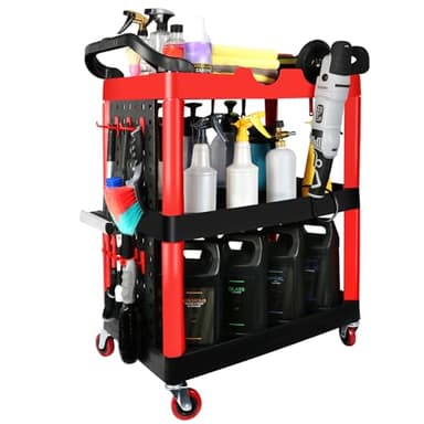 ALL4DETAIL Auto Detailing Cart with Wheels, 3 Tier Car Detailing Cart with Hanging Boards & Hooks, Car Wash Organizer for Garage Workshop DIY Home