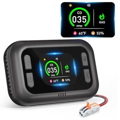 Carbon Monoxide Detector, 4 in 1 RV Carbon Monoxide & Propane Gas Detector, 12V DC Supply & HD Colorful Display & 360° Rotatable Screen, CO/LPG Gas Leak Alarm for RV, Motorhome, Camper, Trailer, Black