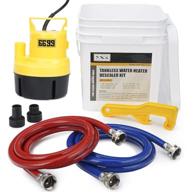 6699 Tankless Water Heater Flushing Kit Includes 1/4HP Submersible Sump Pump with Two Adapters & 3 Gallons Pail with Bucket Lid Opener & Two 1/2” Dia X 6’ PVC Hoses with Washers