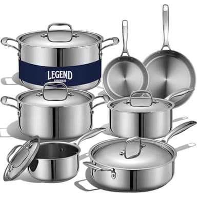 LEGEND COOKWARE 5-Ply Stainless Steel Cookware Set, 12-Piece Pots and Pans Set - Induction Compatible, Oven Safe 800°F - Non-Toxic, No Coatings - Built to Last Generations