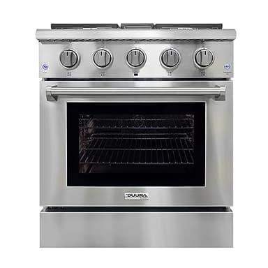 DUURA Elite Gas Range with 4 Burner Cooktop Freestanding with Porcelain Convection Oven and Broil Function, Continuous Grates with Stainless Steel Construction, 30-Inch, Metallic